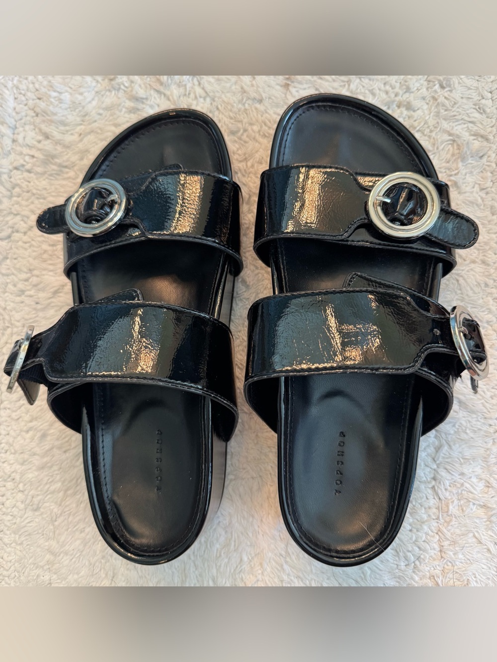 Topshop Black Patent Double-Strap Slide Sandals with Silver Buckles
